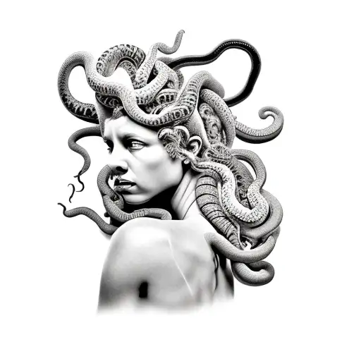realistic tattoo of the gorgon medusa, with features of black women, and snakes in place of hair tattoo design idea