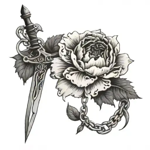 black peony with dagger, spider, broken chain and the word David tattoo design idea