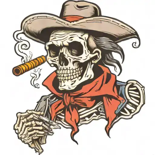 skeleton cowboy with cigarette and kerchief, american traditional tattoo design idea