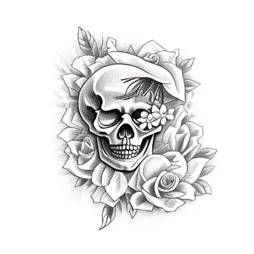 skeleton Reading a book with Flowers all around tattoo design idea