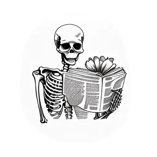 skeleton Reading a book with Flowers  tattoo design idea