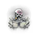 skeleton Reading a book with Flowers  tattoo design idea