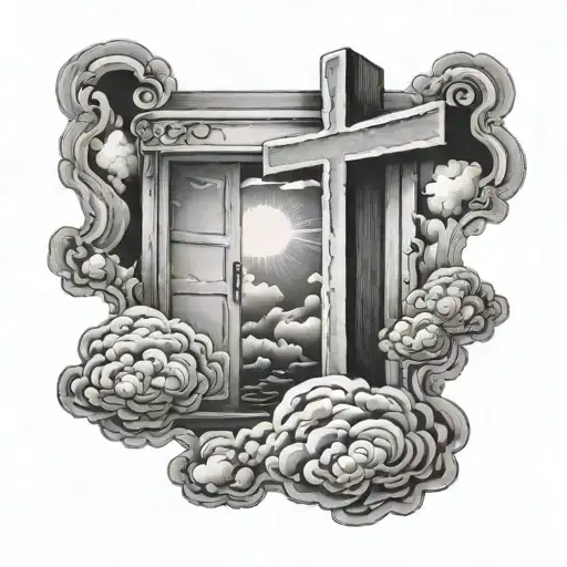 open door to a cross with clouds tattoo design idea