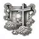 open door to a cross with clouds tattoo design idea