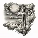 open door to a cross with clouds tattoo design idea