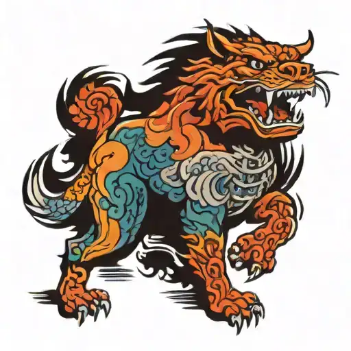 Combine a Fu dog with elements of hiking, such as mountains or hiking trails tattoo design idea