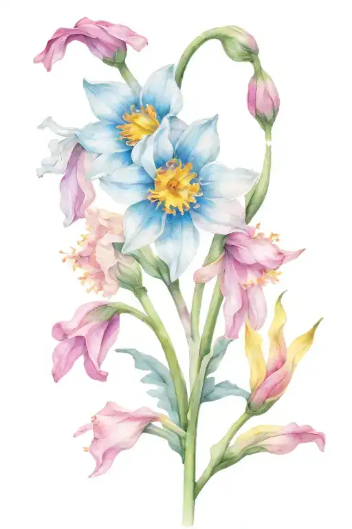 daffodil flower, pink Daisy, rose, gladiolus, aster, marigold tattoo design idea