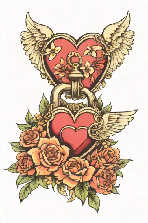may birth flower, November birth flower, heart shaped lock, angel, "love you, mom"  tattoo design idea
