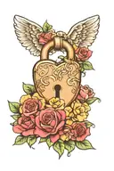 may birth flower, November birth flower, heart shaped lock, angel, "love you, mom"  tattoo design idea