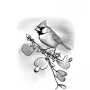 a red cardinal with a four leaf clover while the bird was sitting on a branch tattoo design idea