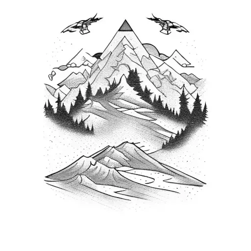 Mountain bike trail winding through a mountain range tattoo design idea