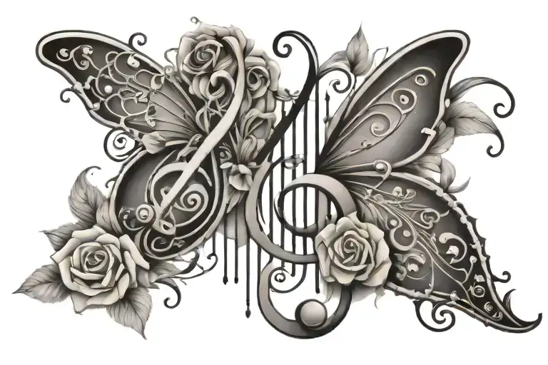 a stave with treble clef, music notes floating and decorated with flowers and a small butterfly  tattoo design idea