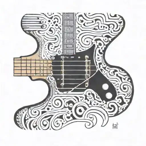 Design a detailed guitar neck morphing into a paintbrush, showcasing the fusion of music and painting tattoo design idea