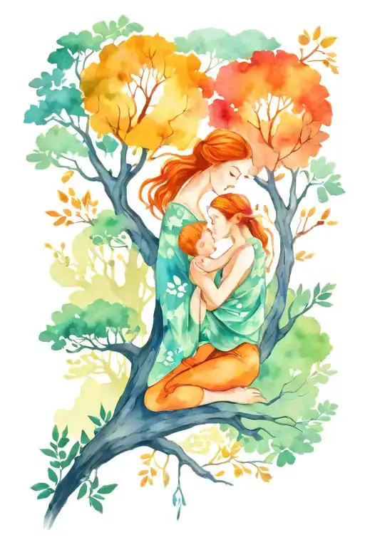 A traditional tattoo design of a serene forest scene with a mother and child practicing yoga under a canopy of trees, representing the bond between motherhood and nature tattoo design idea