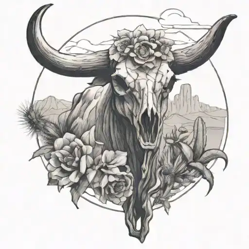 Design a western-themed tattoo featuring a desert landscape with a bull skull as the focal point, incorporating elements of nature like cacti and flowers tattoo design idea