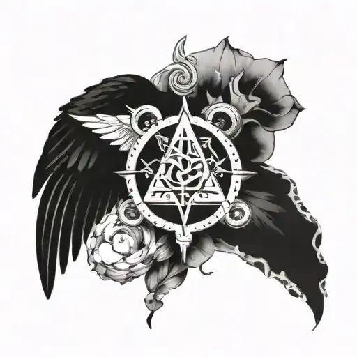 Design a black-grey tattoo featuring iconic symbols from Depeche Mode songs tattoo design idea