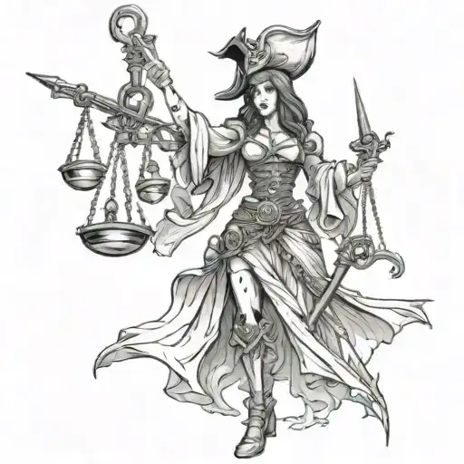 A futuristic interpretation of Lady Justice as a pirate captain leading a crew of skeleton pirates on a quest for justice on the high seas tattoo design idea