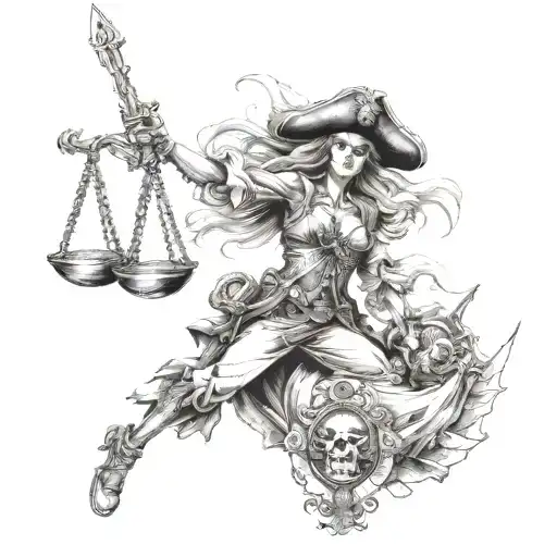 A futuristic interpretation of Lady Justice as a pirate captain leading a crew of skeleton pirates on a quest for justice on the high seas tattoo design idea