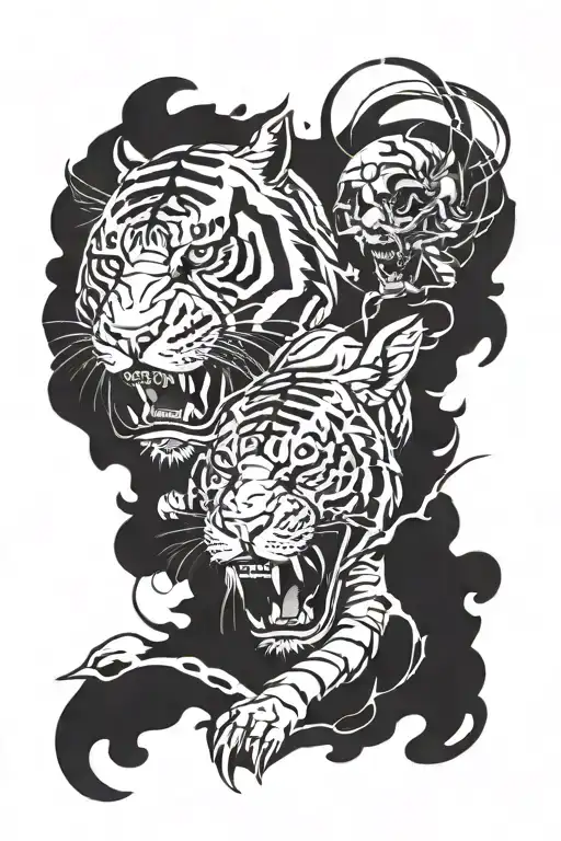 ra with zeuz lighting and zombie tiger emerging tattoo design idea