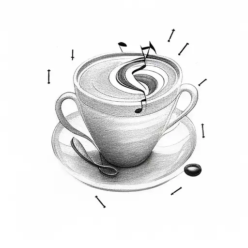 A tattoo of a coffee cup with musical notes swirling around it, representing the client's love for coffee and music tattoo design idea