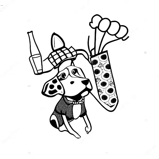A dog wearing a fashionable outfit, holding a beer mug tattoo design idea