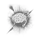 a man who has his hands raised and above one palm is an atom and above the other a neuron and above them is the universe tattoo design idea