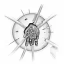 a man who has his hands raised and above one palm is an atom and above the other a neuron and above them is the universe tattoo design idea