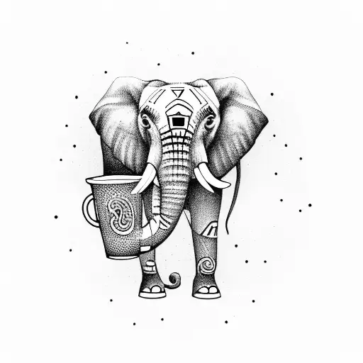 A majestic elephant holding a coffee cup in its trunk, surrounded by musical symbols tattoo design idea