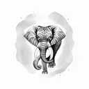 A majestic elephant holding a coffee cup in its trunk, surrounded by musical symbols tattoo design idea