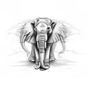 A majestic elephant holding a coffee cup in its trunk, surrounded by musical symbols tattoo design idea