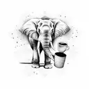 A majestic elephant holding a coffee cup in its trunk, surrounded by musical symbols tattoo design idea