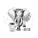 A majestic elephant holding a coffee cup in its trunk, surrounded by musical symbols tattoo design idea