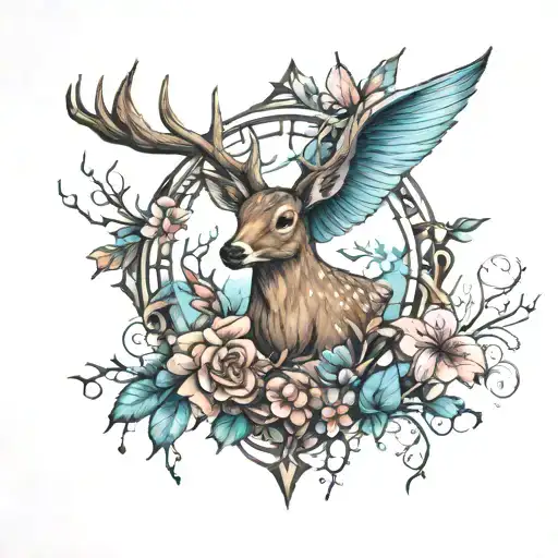cross deer and humingbird  tattoo design idea