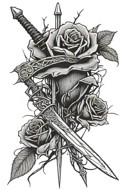 roses with barb wire around a sword  tattoo design idea
