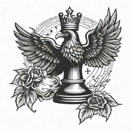 tattoo design of a black king chess piece with the crescent moon symbol and a raven with its wings spread tattoo design idea