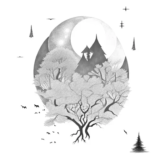 A hauntingly beautiful moonlit forest with silhouettes of creatures lurking in the shadows tattoo design idea
