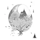 A hauntingly beautiful moonlit forest with silhouettes of creatures lurking in the shadows tattoo design idea