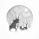 A hauntingly beautiful moonlit forest with silhouettes of creatures lurking in the shadows tattoo design idea
