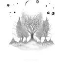 A hauntingly beautiful moonlit forest with silhouettes of creatures lurking in the shadows tattoo design idea
