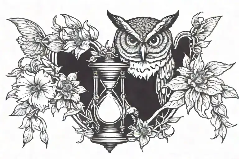 OWL HOLDING HOURGLASS WITH LILYS tattoo design idea