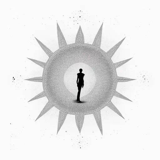 silhouette of a man midway during fall from great height (grace) with a huge symmetrical sun in the backgroud tattoo design idea