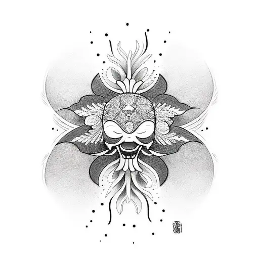 Design a black-grey forearm band tattoo incorporating the Hanaya mask, Japanese clouds, spider lily flowers, Japanese ocean waves, and sakura flowers with intricate shading and details. tattoo design idea