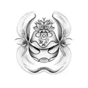 Design a black-grey forearm band tattoo incorporating the Hanaya mask, Japanese clouds, spider lily flowers, Japanese ocean waves, and sakura flowers with intricate shading and details. tattoo design idea
