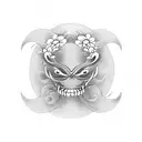 Design a black-grey forearm band tattoo incorporating the Hanaya mask, Japanese clouds, spider lily flowers, Japanese ocean waves, and sakura flowers with intricate shading and details. tattoo design idea