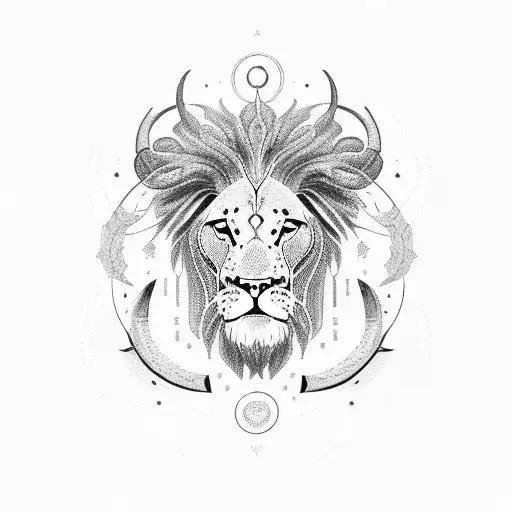 A dotwork illustration of a taurus with zodiac symbols lion libra and cancer around it tattoo design idea