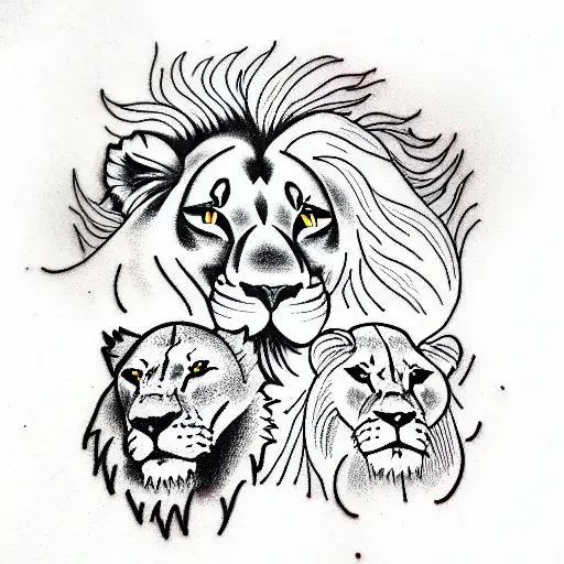 1 Lion with a mane and 2 female lions and a cub with mountains and lightning  tattoo design idea
