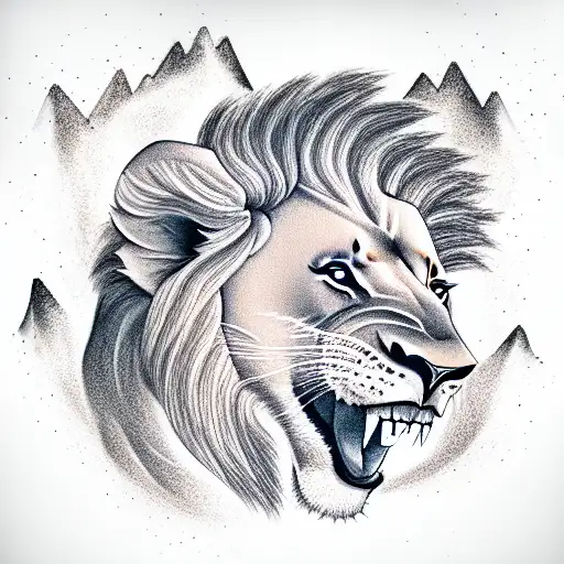 1 Lion with a mane and 2 female lions and a cub with mountains and lightning  tattoo design idea
