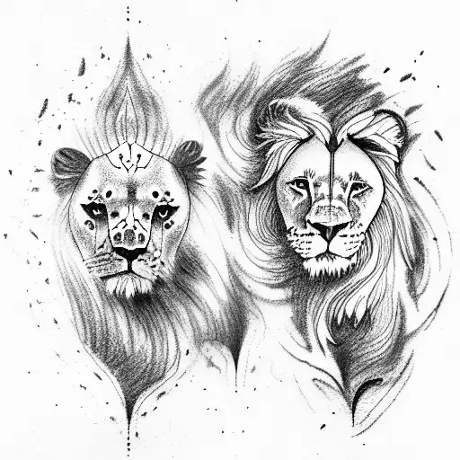 3 lions(1 Lion with a mane and 2 female lions and a cub with a nice background  tattoo design idea