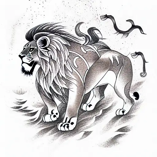 1 Lion with a mane and 2 female lions and a cub with mountains and lightning  tattoo design idea