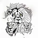 1 Lion with a mane and 2 female lions and a cub with mountains and lightning  tattoo design idea